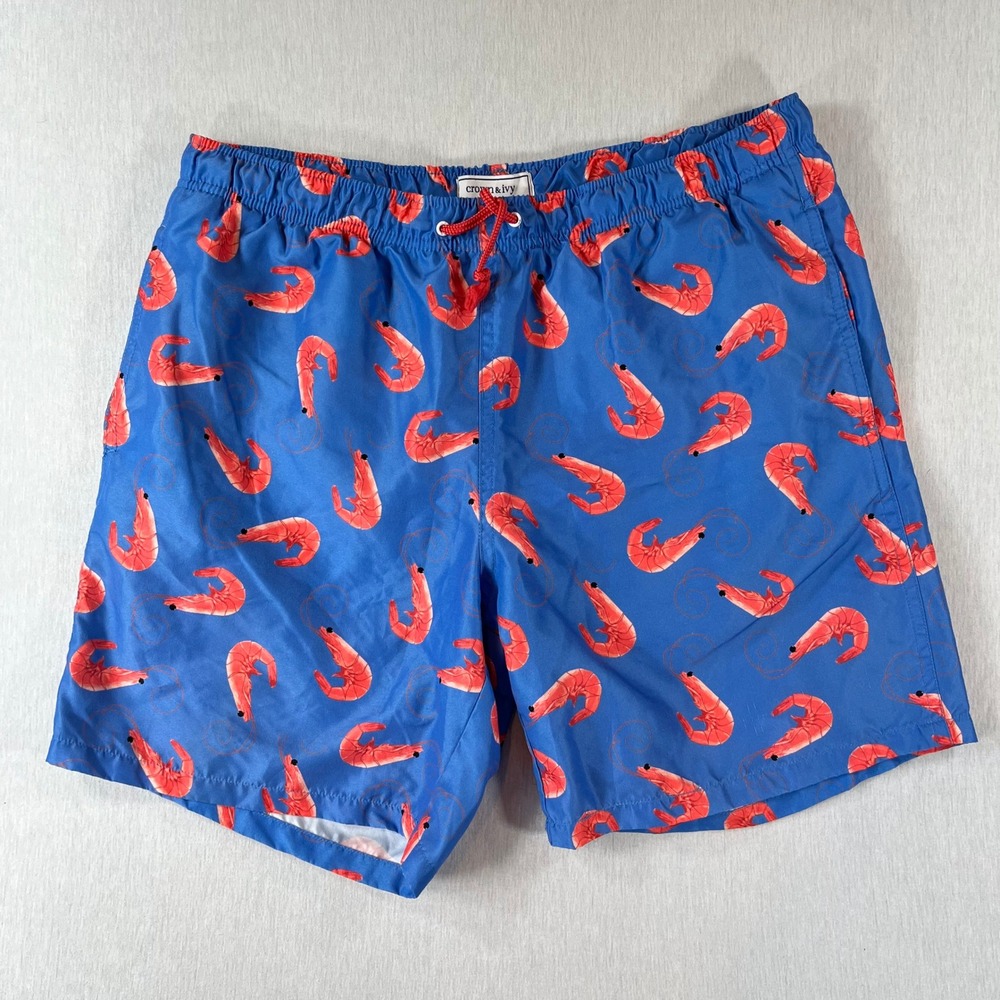 Crown & Ivy Shorts Mens L Blue Shrimp Print Swim Trunks Mesh Lined Active